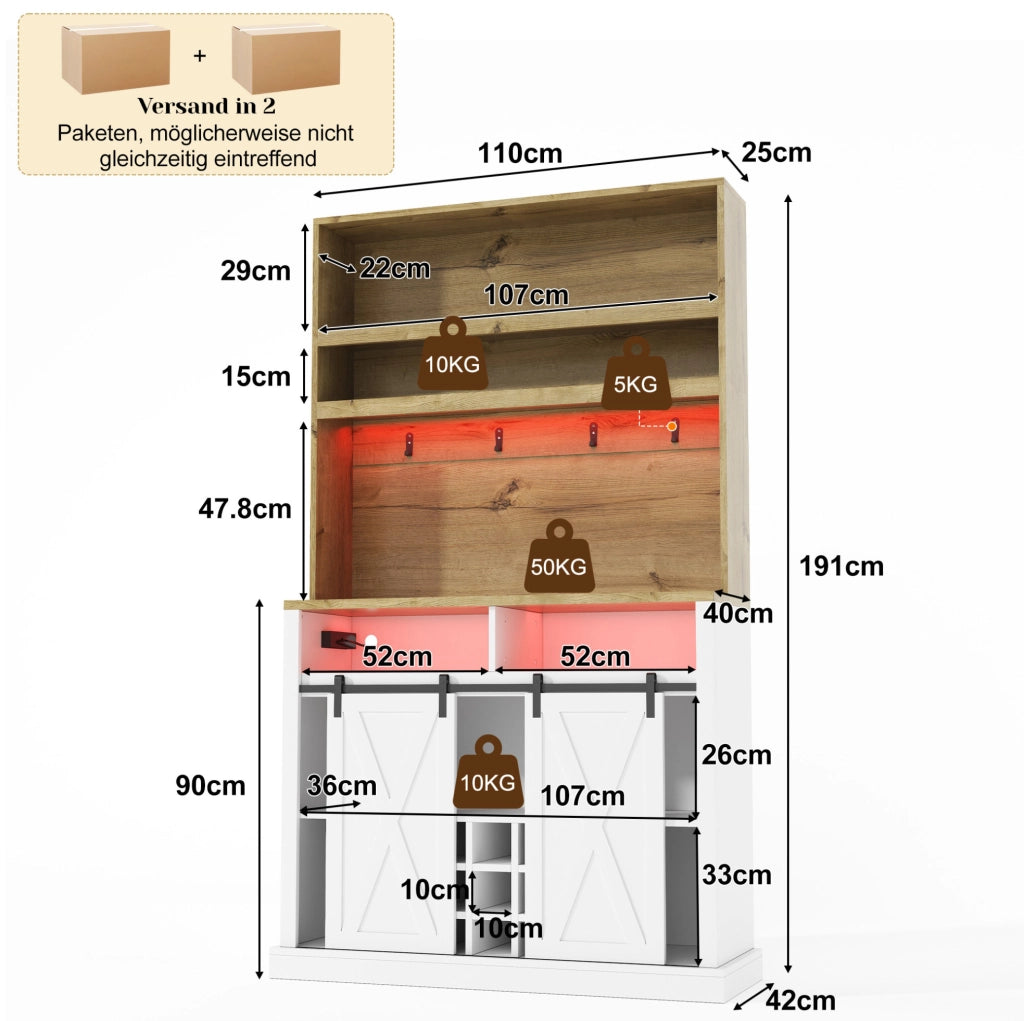 Colonna cucina con LED RGB, prese USB e vetrina, 110x40x191 cm
