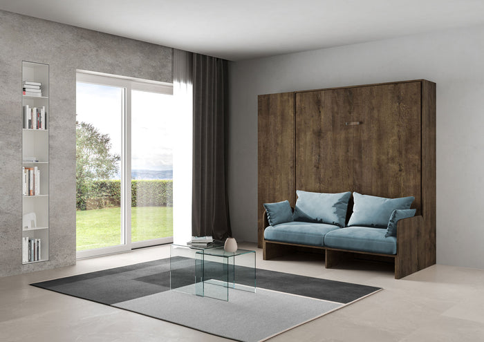 Letto Matrimoniale A Scomparsa 160 Kentaro Con Divano E Colonna Noce e Azzurro