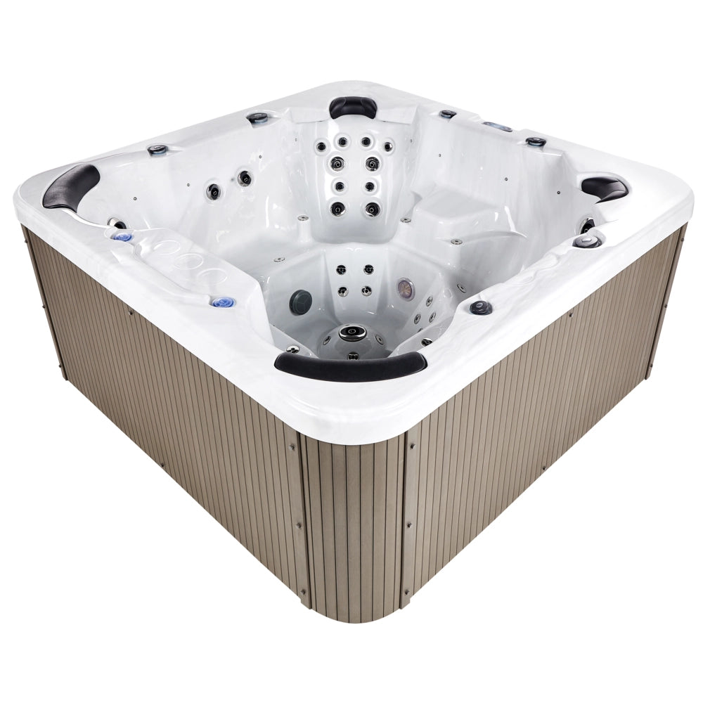 Vasca idromassaggio in acrilico bianco 225 x 225 cm 55 getti pannelli esterni marroni con riscaldamento a LED
