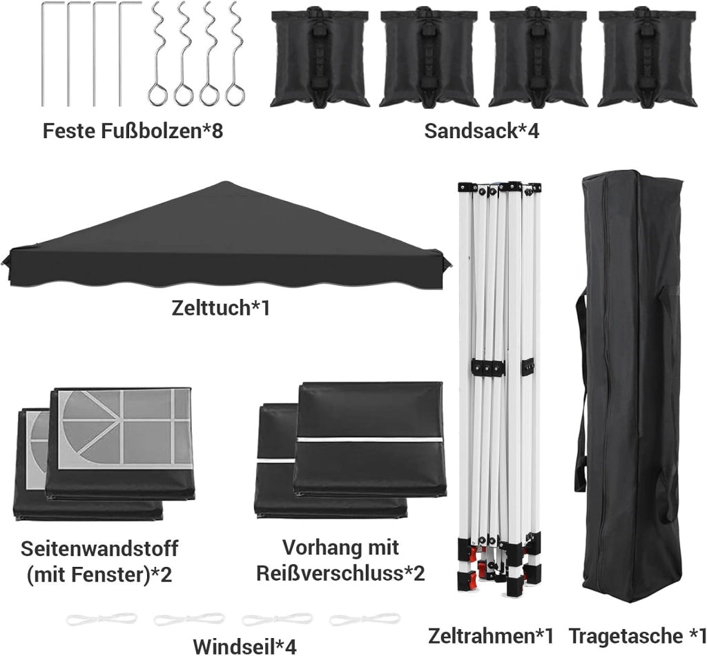 Gazebo Pieghevole 3x3 Impermeabile con 4 PCS Sacchi di Sabbia, UV 50+ 4 Pareti Laterali, Tenda da Campeggio, Giardino, Festival e Feste Nero