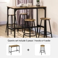 Set da Bar 5 pezzi con Tavolo alto e 4 Sgabelli Stile Industriale, Marrone e Nero