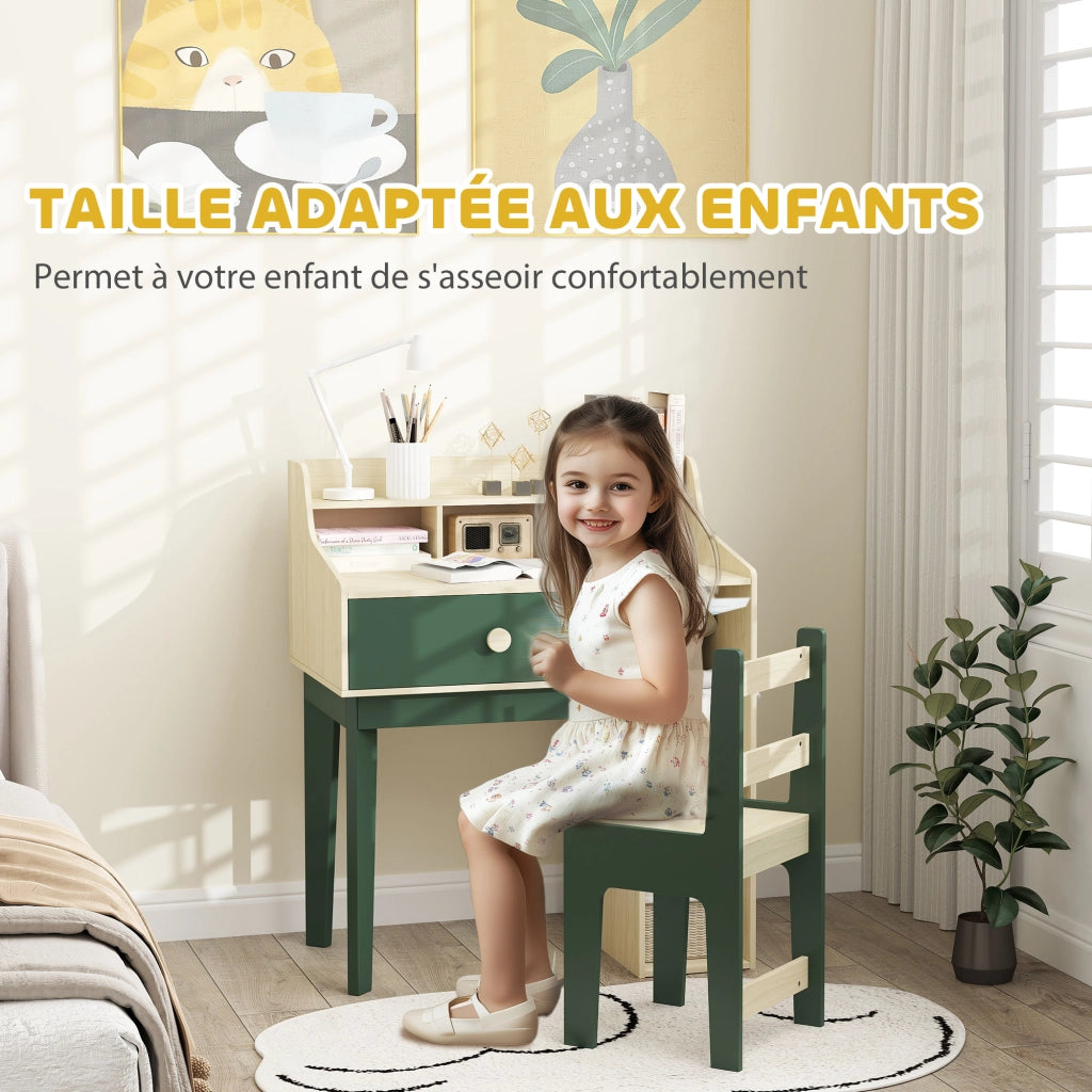 Scrivania per bambini con sedia, scaffale e cassetto ¨C ZephMum ¨C Verde 90x50x75 cm