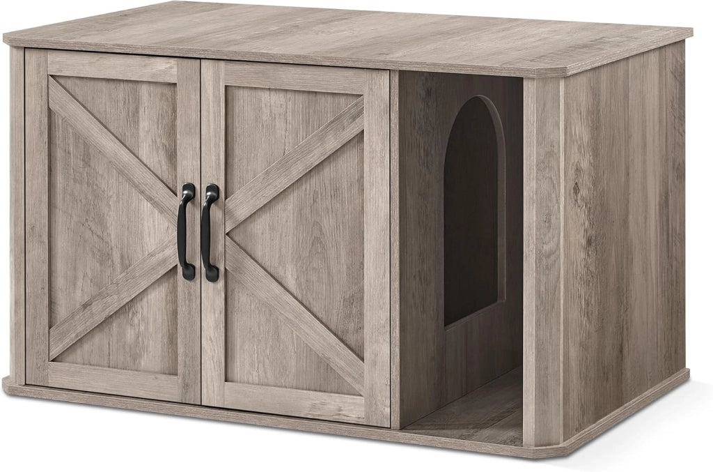 Feandrea Mobile per Lettiera, Mobile Moderno per Lettiera Nascosto, con Ingresso Frontale, Doppie Porte, Maniglie, Casetta per Gatti, Tavolino Laterale, 85 x 48,5 x 50 cm, Greige Melange PCL012G01