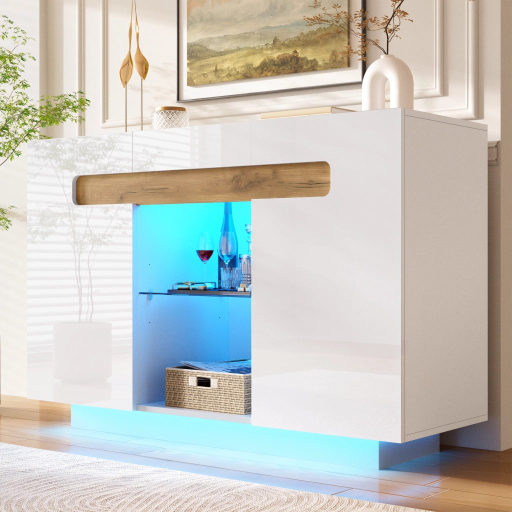 Credenza moderna con LED, fronti lucide, 120 ¡Á 40 ¡Á 80 cm, bianco e effetto legno naturale