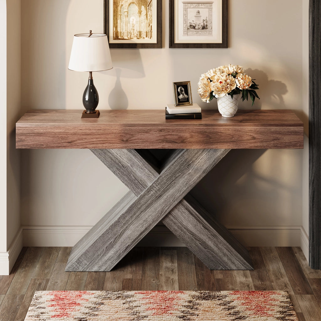 Consolle stretta con supporto a x, piano effetto legno e struttura in truciolare, noce, 140 × 30 × 80 cm