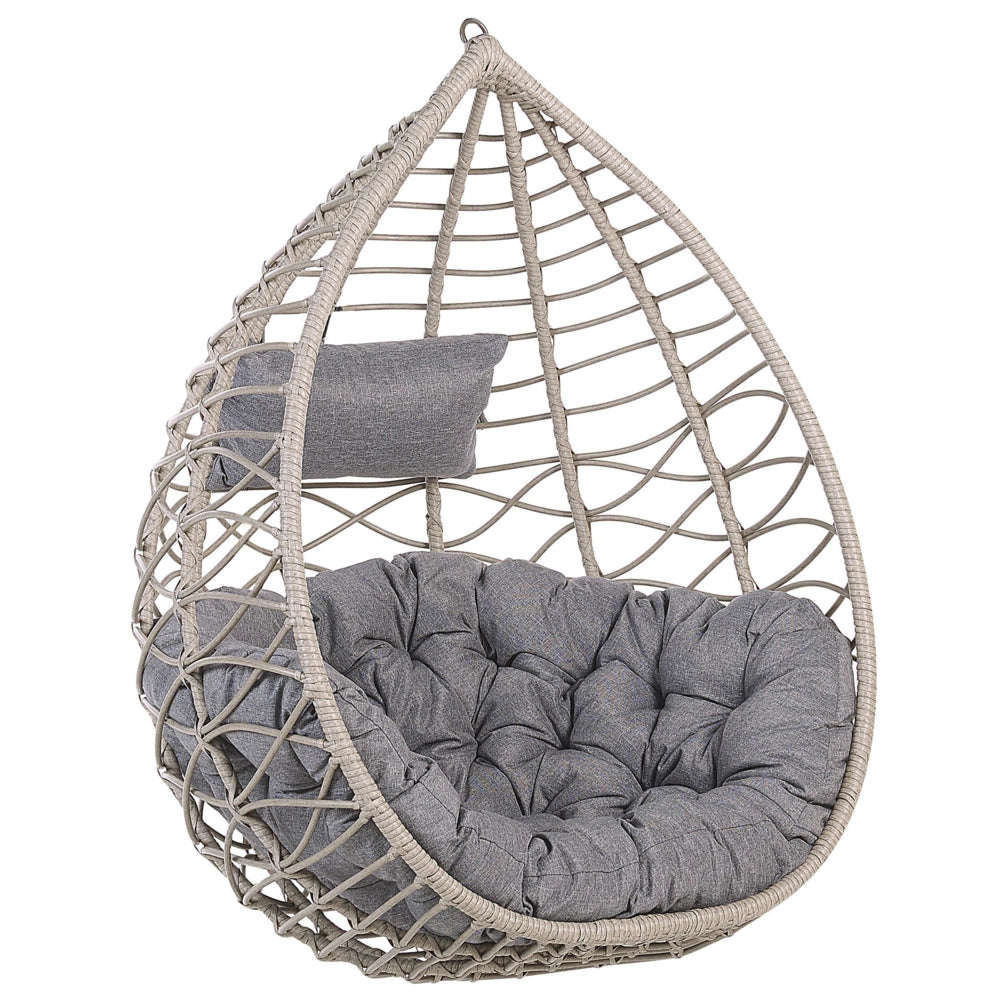 Sedia sospesa poltrona pensile in rattan grigio con struttura in metallo a forma di cestino per interni ed esterni Boho