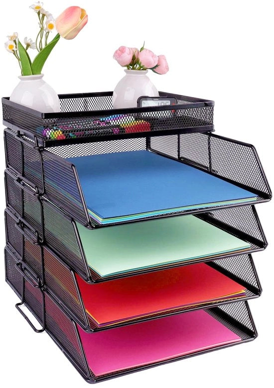 Organizzatore da scrivania a pile con contenitore superiore per carta, cassetto per documenti e 4 strati di rete, nero