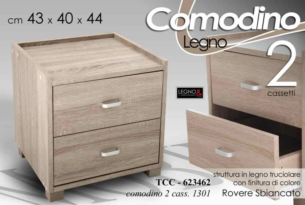 COMODINO 2 CASSETTI DESIGN MODERNO 43X40X43,5CM COLORE ROVERE