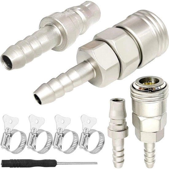 Connettore di gas a rilascio rapido - Bocchetta 8 mm - 4 pezzi - Acciaio - Chiavistelli di tubo regolabili - Inclusa valvola di chiusura - Connettori di gas