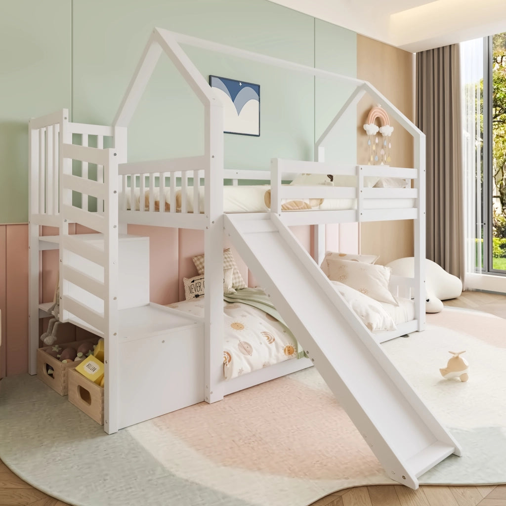 OKWISH Letto a Castello a Casetta 90×200 cm, Letto Singolo con Scala con Contenitore, Scivolo e Sponda, senza Materasso, Bianco