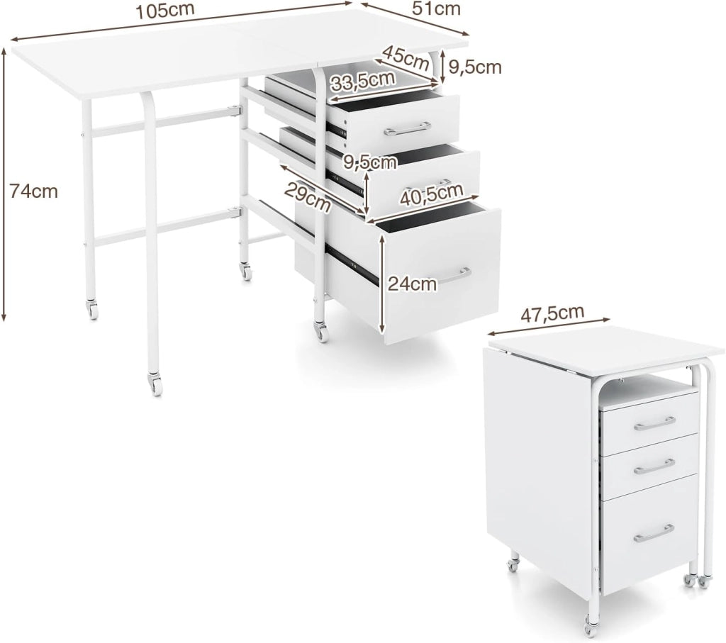 Scrivania Salvaspazio con 3 Cassetti e Ruote Bloccabili, Scrivania Porta PC Pieghevole con Struttura in Metallo per Studio e Ufficio, 105 x 50 x 75 cm, Portata 100 kg (Bianco)