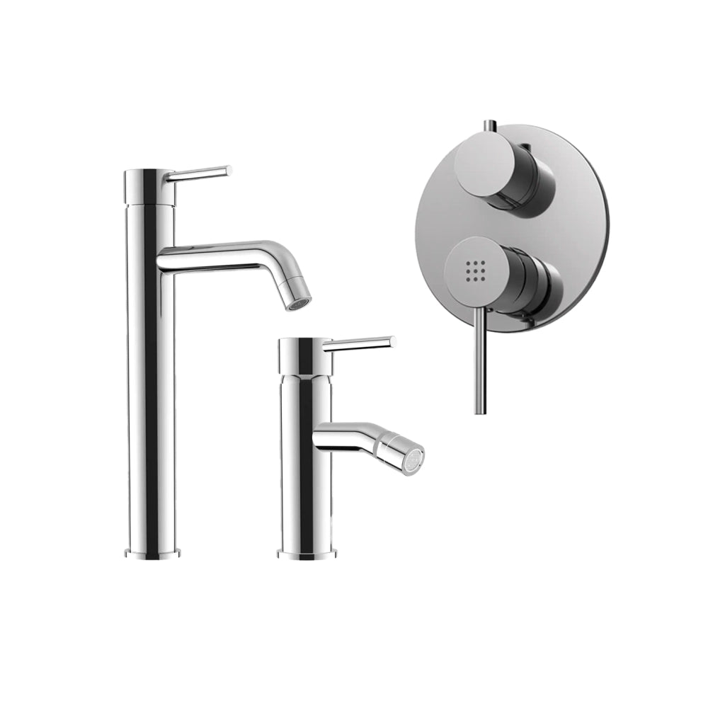 Set miscelatore lavabo alto e bidet senza scarico ed incasso doccia con deviatore in ottone cromato | Ava