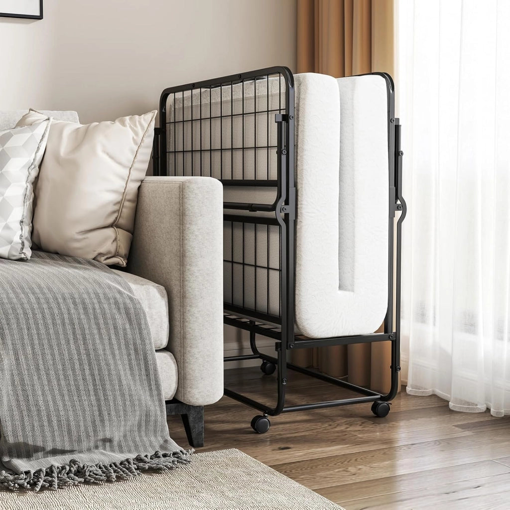 Letto Singolo Pieghevole Portatile, 90x190 cm, Materasso in Schiuma Viscoelastica, Telaio in Metallo, 4 Ruote, Carico fino a 220 kg, Ideale per Hotel e Viaggio