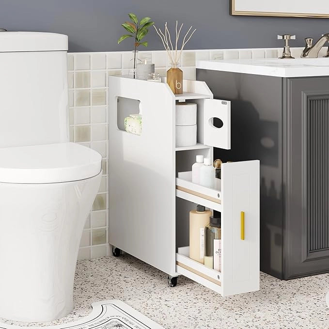 Credenza da Bagno Piccolo, Mobile Salvaspazio Stretto e Slim con Cassetto Scorrevole, Porta Fazzoletti, Portascopino e Ruote Bloccabile, Armadietto per Spazi Ridotti (Bianco)