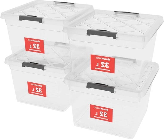 32 cassetti di conservazione trasparenti con coperchio - sicuri per alimenti - chiusura con clip - cassetti di conservazione trasparenti - cassetti di abbigliamento stivati - 4 pezzi