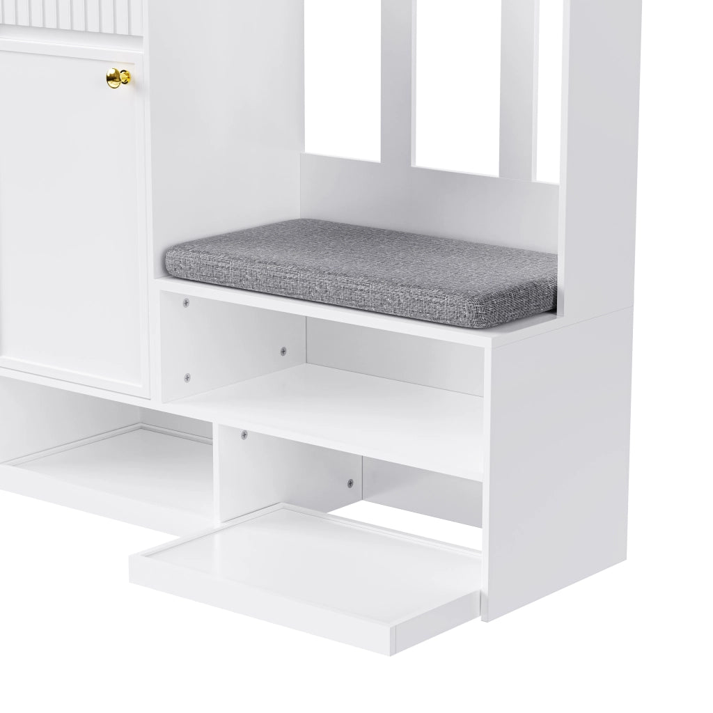 Set di mobili da ingresso con panca imbottita, 4 ganci, armadio e cassetti, MDF bianco
