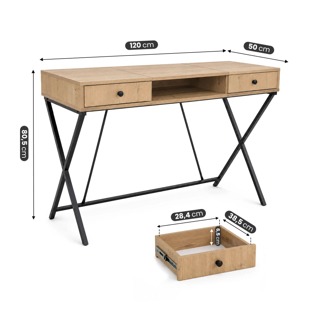 Scrivania PC industriale Rovere Artisan CROSSLINE 120 cm 2 cassetti 1 ripiano gambe nere