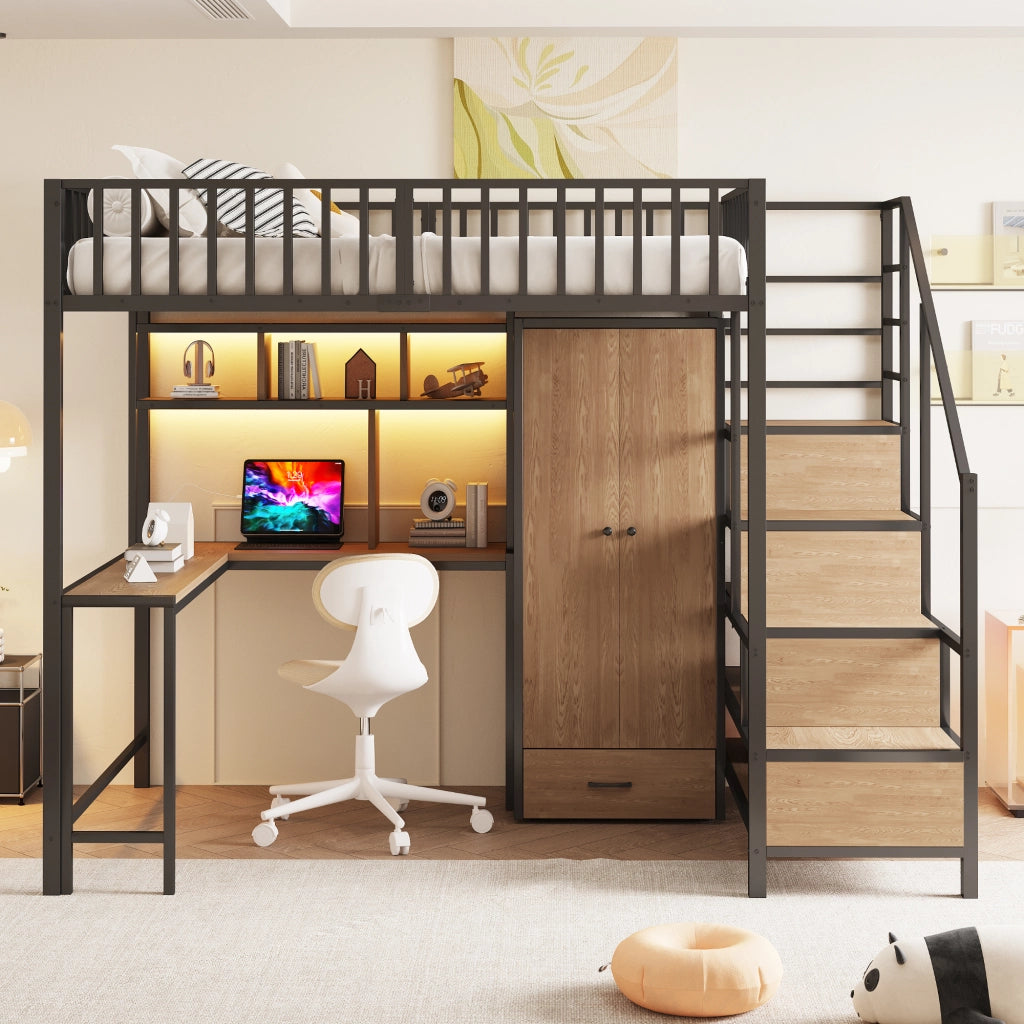 DESMIU Letto a soppalco matrimoniale con scrivania, armadio, cassetti, LED, USB e Type-C 140 × 200 cm senza materasso