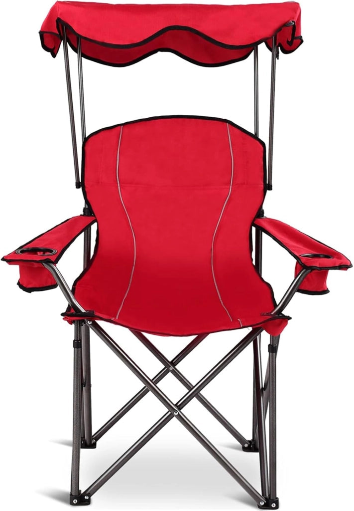 Sedia da Campeggio con Tettuccio, Poltrona da Spiaggia Pieghevole con Portabicchieri, Sedia Mare Leggera e Portatile, con Braccioli, Portata 120 kg (Rosso)