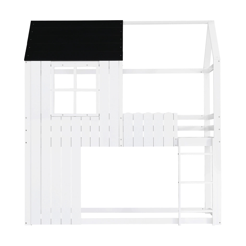 Letto a Soppalco 90x200 cm - Scala a 3 Gradini e Recinzione - in Legno - Bianco e Nero