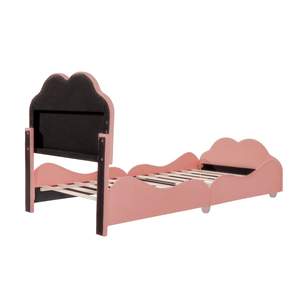 Letto per bambini singolo 90×200 cm in velluto con sponda; struttura in legno; senza materasso; rosa
