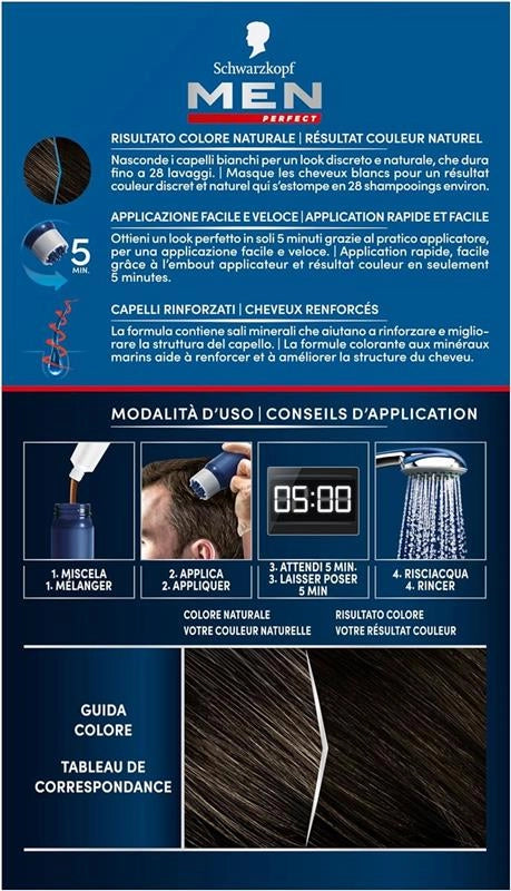 SCHWARZKOPF MEN PERFECT TINTA PER CAPELLI GEL PER UOMO EFFETTO NATURALE DURA 28 SHAMPOO N 80 CASTANO NERO NATURALE
