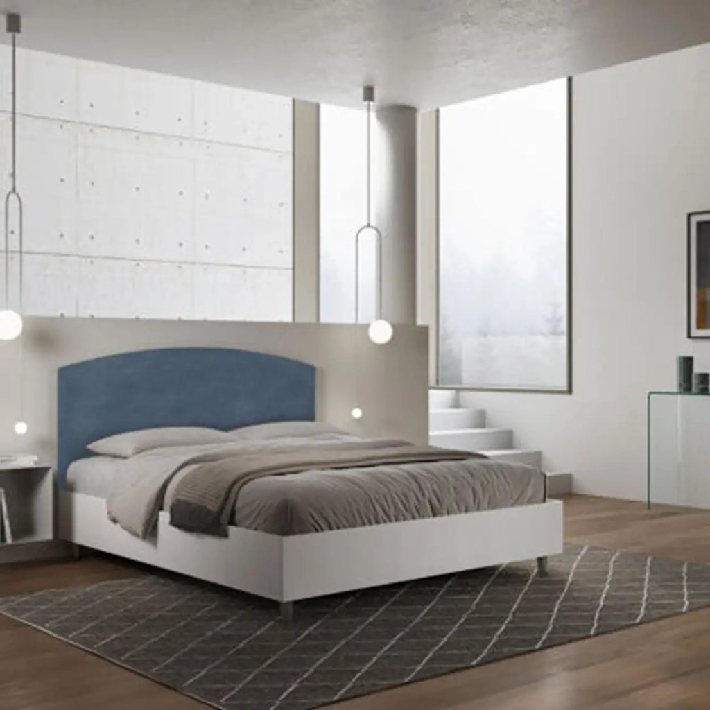 Letto matrimoniale con rete 160x200 bianco frassino testata microfibra blu Antilia
