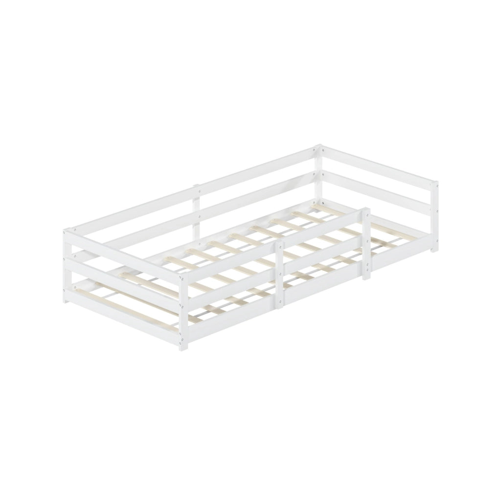 Letto Montessori 90x200 cm con barriera di protezione e rete a doghe in legno di pino bianco