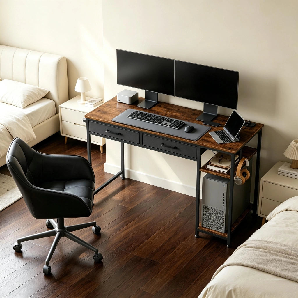 Scrivania con 2 cassetti, prese e porte USB, ripiano laterale, in legno ingegnerizzato e metallo marrone rustico