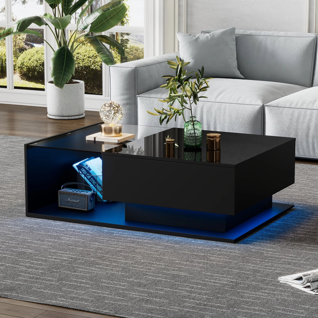 Tavolino da salotto 100x50x32 cm; piano lucido antigraffio con cassetto; truciolare e vetro; nero