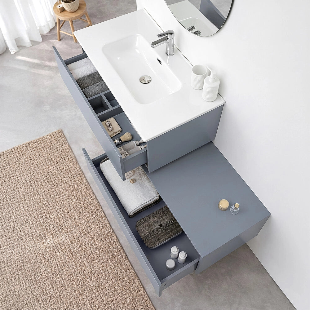 Mobile bagno sospeso 90 cm azzurro con lavabo integrato e cassetto Nuvola