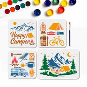 Stencili Camping Tema Reutilizzabili - Schede per Esterno - 29,7x21/20x20cm - Stencil per Vernici - Decorazione per Pavimento/Muro - Divertente Fai da Te