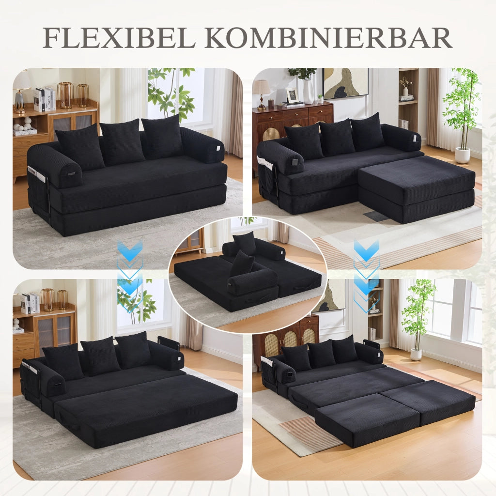 DIVANO modulare in velluto a coste 200x190x67 cm nero con 3 cuscini e pouf