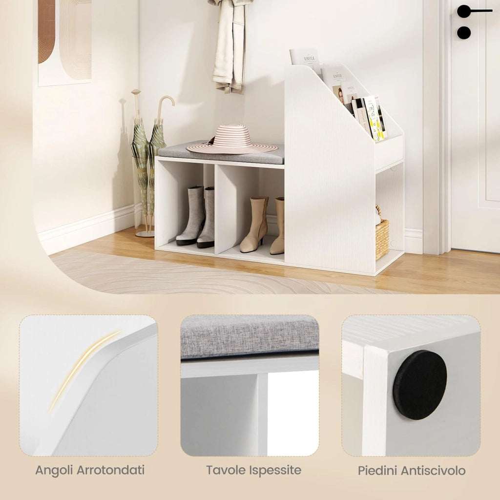 Panca Scarpiera con Cuscino Rimovibile e Scaffale 2 in 1, Scaffale Portaoggetti a 3 Cubi e 3 Ripiani per Libri, Panca per Scarpe da Ingresso e Soggiorno, 97 x 40 x 79 cm, Bianco