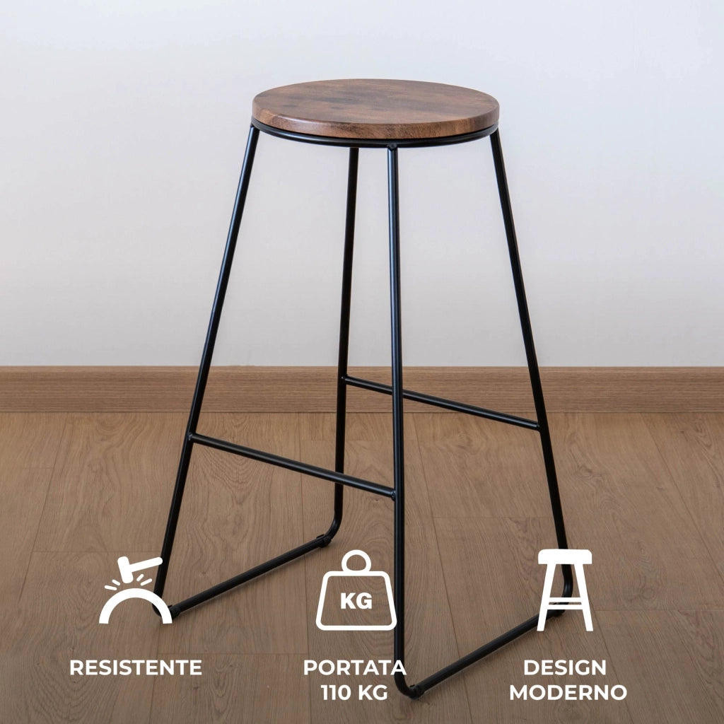 Coppia di Sgabelli Alti in Metallo con Seduta in Legno – Design Industriale Moderno – Set 2 Sgabelli da Cucina, Penisola o Bar – Colori Marrone e Nero Marrone