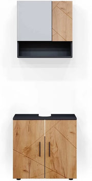 Set mobili bagno Irma, Quercia dorata/antracite, 80 cm, composto da specchio da bagno e mobile sottolavabo