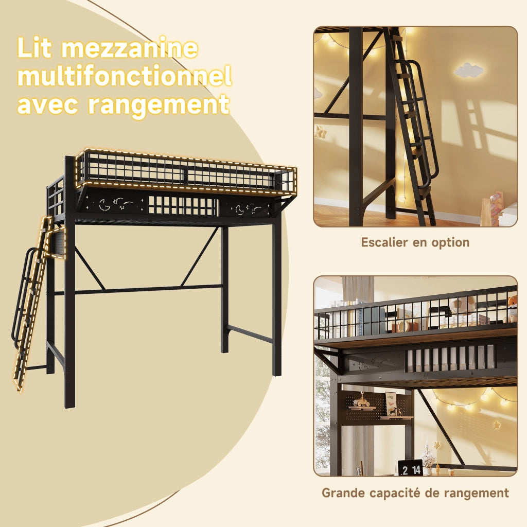 Letto a soppalco 90x200 cm per 2 persone, letto alto con ripiani portaoggetti e spazio aperto sottostante, metallo nero