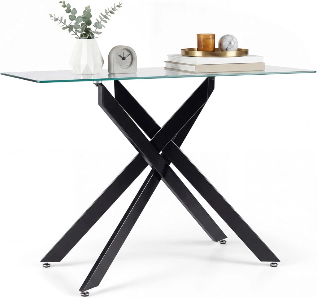 Tavolo Consolle in Vetro Temperato 115 x 45 x 78 cm, Consolle Ingresso Telaio Robusto con Gambe in Metallo Incrociate e Piedini Regolabili, Salvaspazio, per Soggiorno e Corridoio