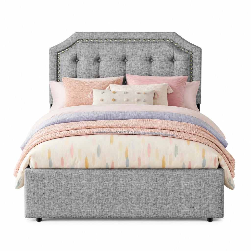 Letto imbottito grigio 90x200 cm con cassetti e testiera regolabile