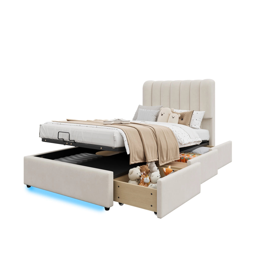 Letto imbottito per bambini 90x200 cm con contenitore, cassetti e LED
