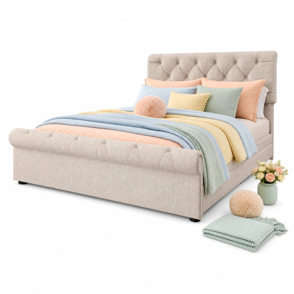 Letto matrimoniale imbottito 140x200 naturale con 4 cassetti e materasso