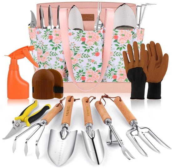 Kit di attrezzi per giardinaggio, set da 10 pezzi di robusta attrezzatura per giardinaggio in acciaio inossidabile con maniglia in legno antiscivolo - Confezione da giardinaggio per donne e uomini, colore rosa