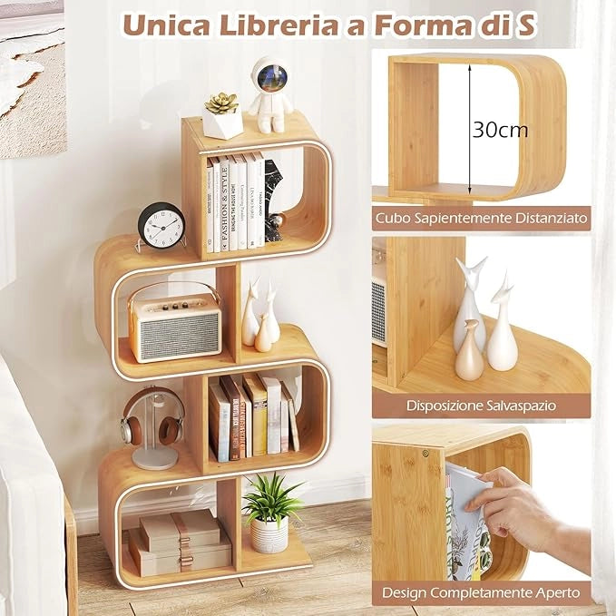 Libreria a 4 Cubi Forma di S, Libreria Bassa Scaffale in Bamboo, Libreria Design Moderna Salvaspazio da Terra, per Soggiorno, Studio e Ufficio, 61 x 23 x 133,5 cm, Naturale (4 Livelli)