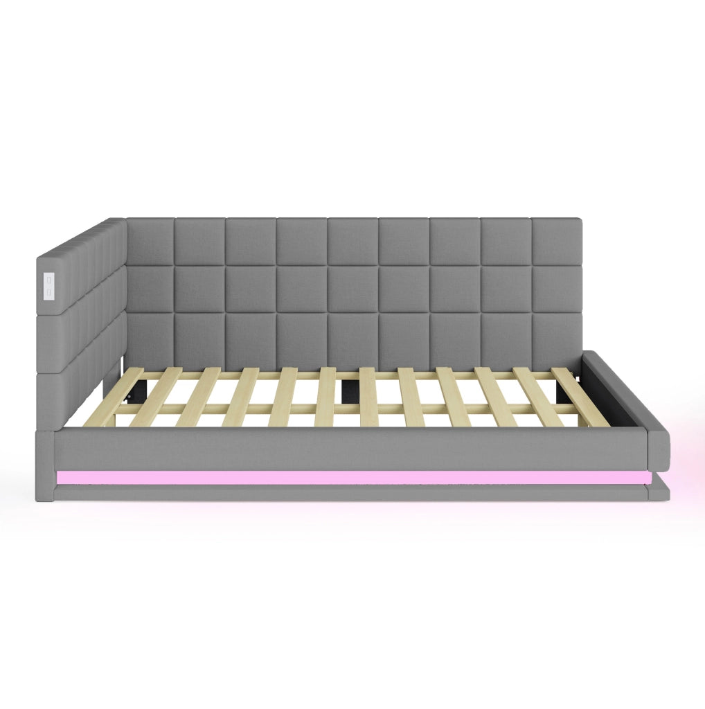 Divano letto imbottito 140 x 200 cm con LED, USB e rete a doghe