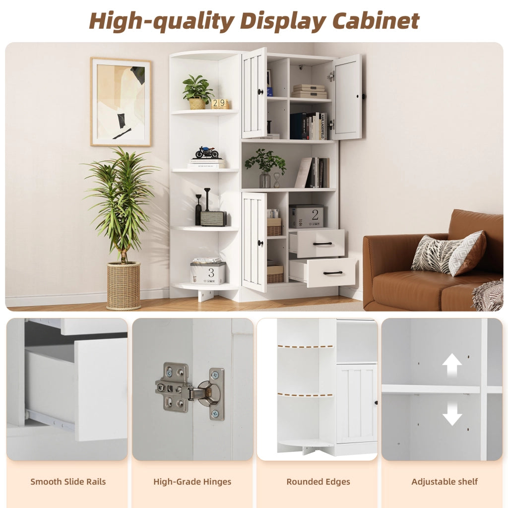 Libreria ad angolo con 3 ante 2 cassetti 6 vani aperti e ripiani regolabili per soggiorno in pannello truciolare 104 × 35 × 155 cm bianco