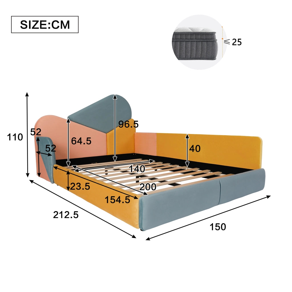 Letto per bambini 140 × 200 cm con protezione laterale rialzata, senza materasso, in velluto, blu multicolore
