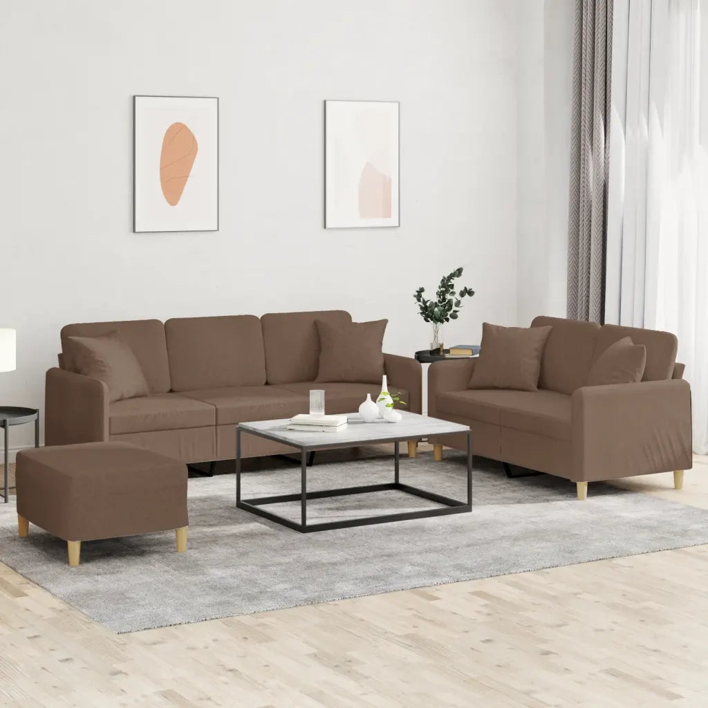 Set di Divani 3 pz con Cuscini Marrone in Tessuto