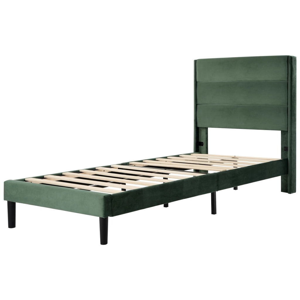Letto imbottito 90x200 cm con materasso, rete a doghe e testiera, design moderno in velluto verde scuro