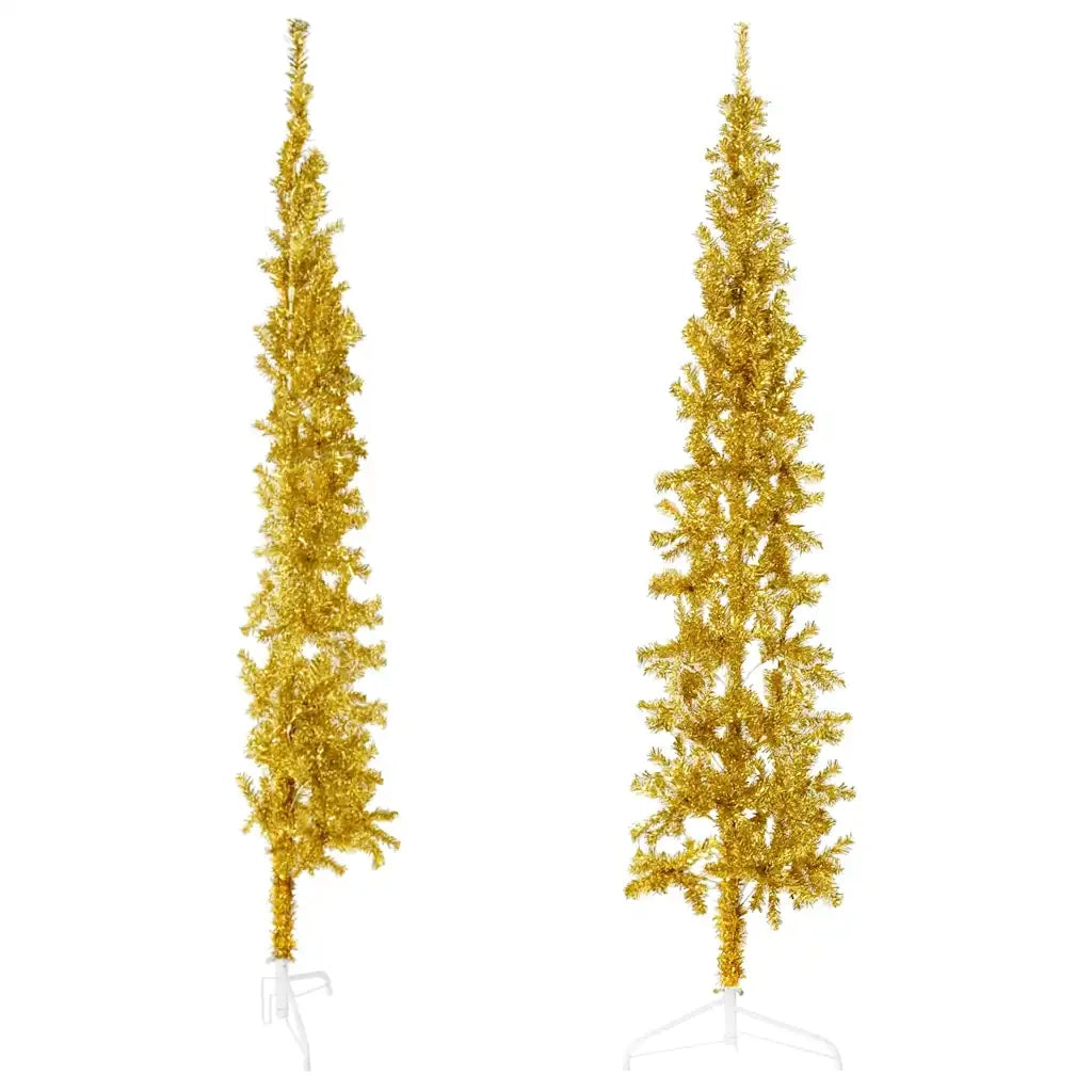 Albero Natale Artificiale Sottile a MetÃ  con Supporto Oro 210cm