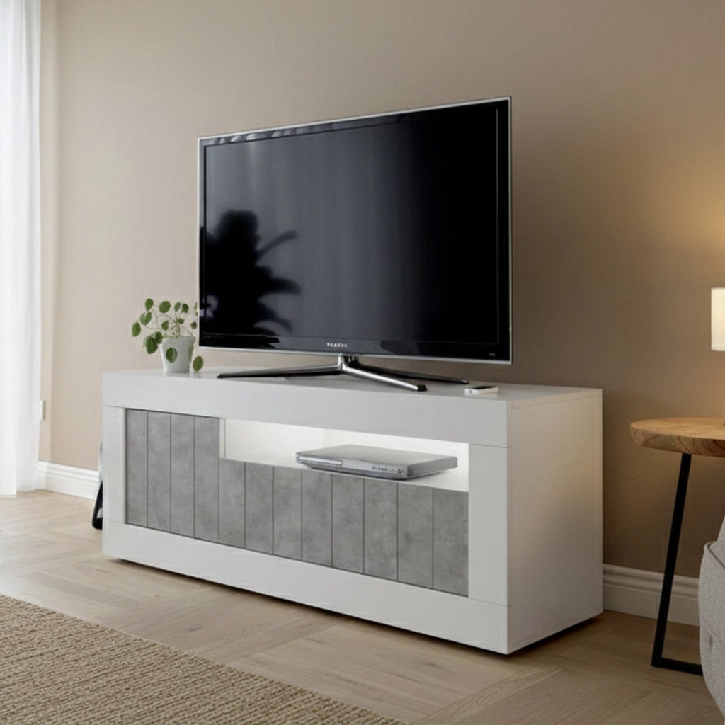 Mobile da soggiorno Porta Iole, Made in Italy, Credenza per Iole da salotto a 3 ante e ripiani, cm 138x56h42, colore Bianco lucido e cemento